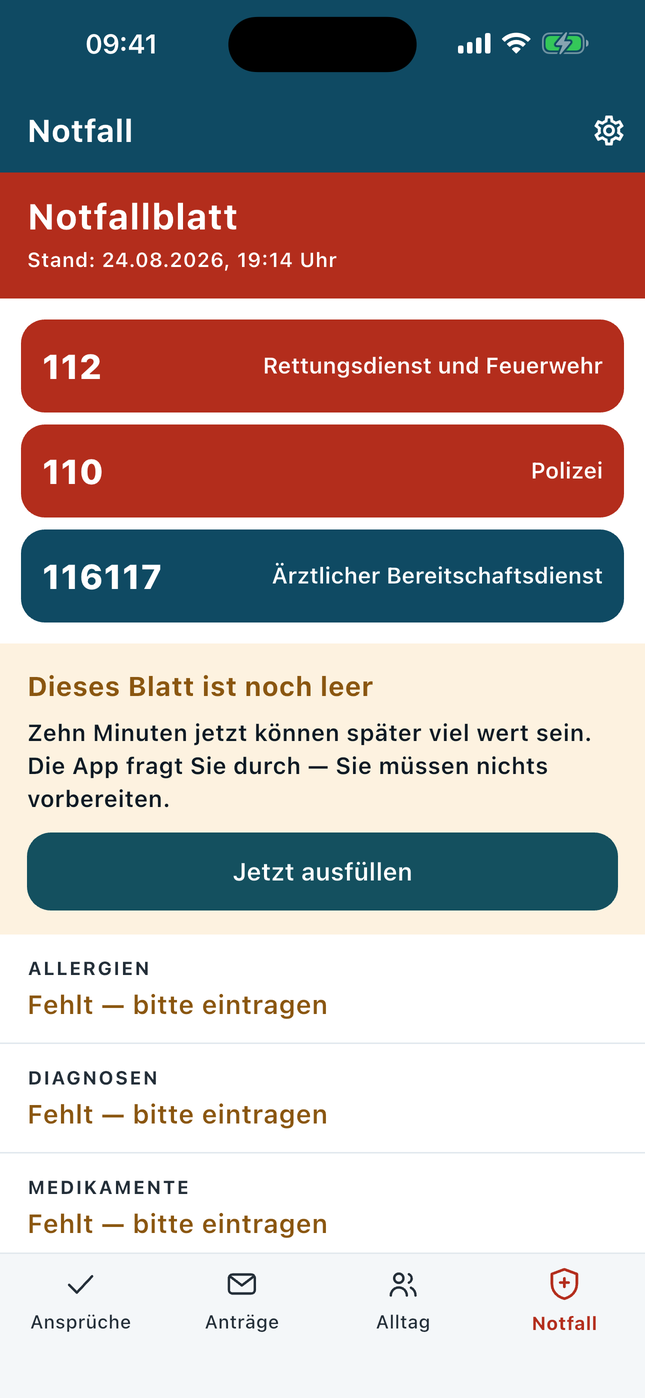 Der Reiter Notfall in PflegeEasy: Notrufnummern und das Notfallblatt