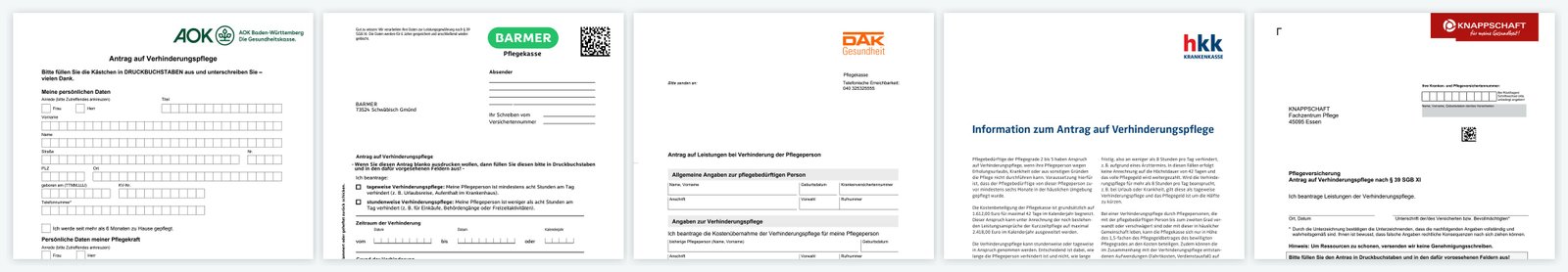 Original-Anträge auf Verhinderungspflege von AOK, BARMER, DAK, hkk und KNAPPSCHAFT nebeneinander