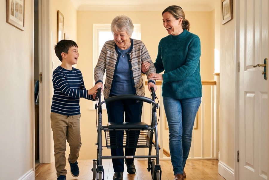 Ein Kind und eine Frau begleiten eine ältere Dame mit Rollator